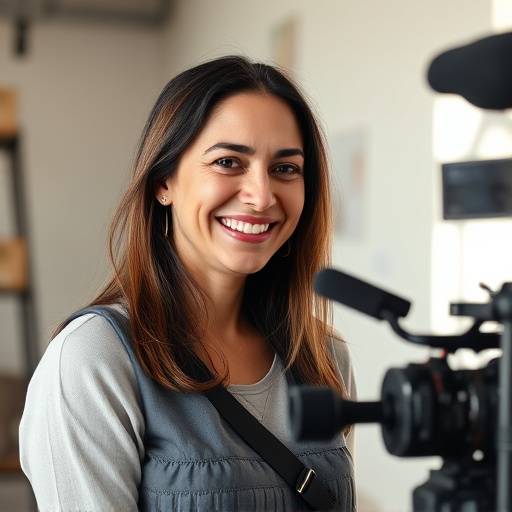 Foto de Ana Carvalho, instrutora de Cinema e Audiovisual, sorrindo em um set de filmagem.