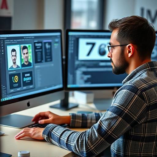 Foto de Lucas Ferreira, instrutor de Design Gráfico, trabalhando em um computador com softwares de design.
