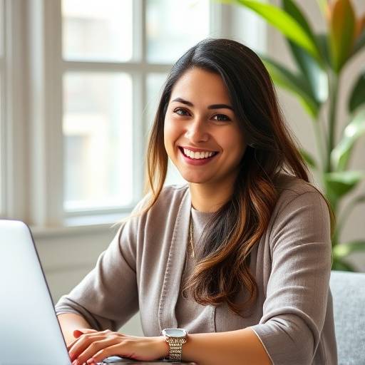 Foto de Mariana Gomes, instrutora de Marketing Digital, sorrindo em frente a um laptop.