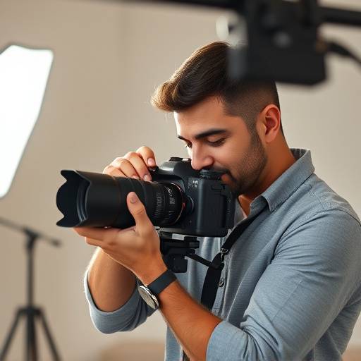 Foto de Pedro Almeida, instrutor de Fotografia Profissional, ajustando uma câmera em um estüdio fotográfico.