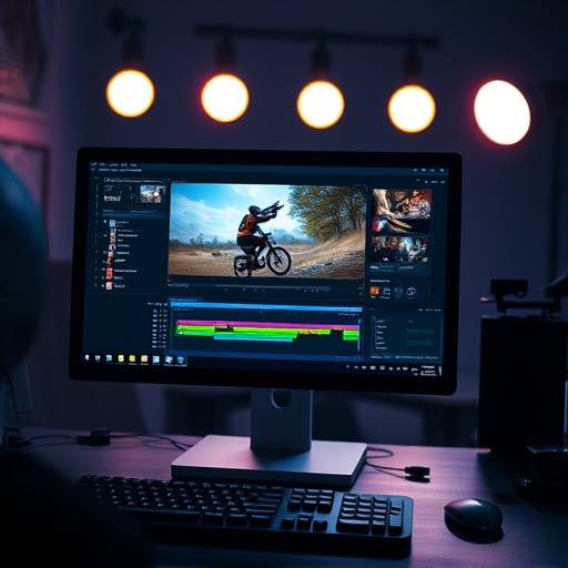 Imagem do curso de Ediäão de Vídeo Avanäada, mostrando uma tela de ediäão de vídeo em um computador.